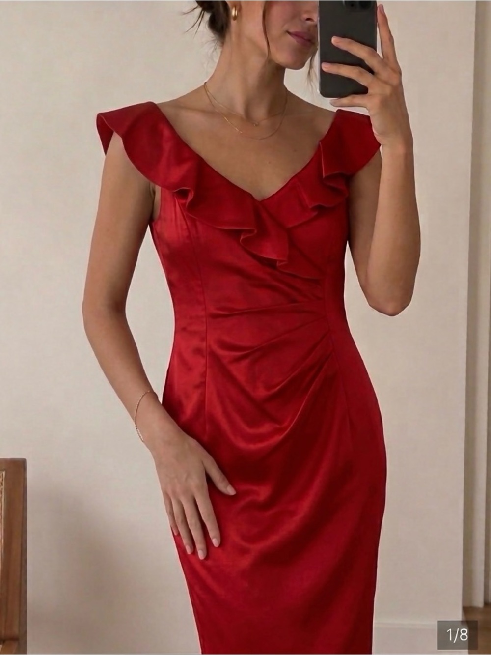 Suzi Chin for Maggy Boutique | satiny red v-neck cocktail knee length dress